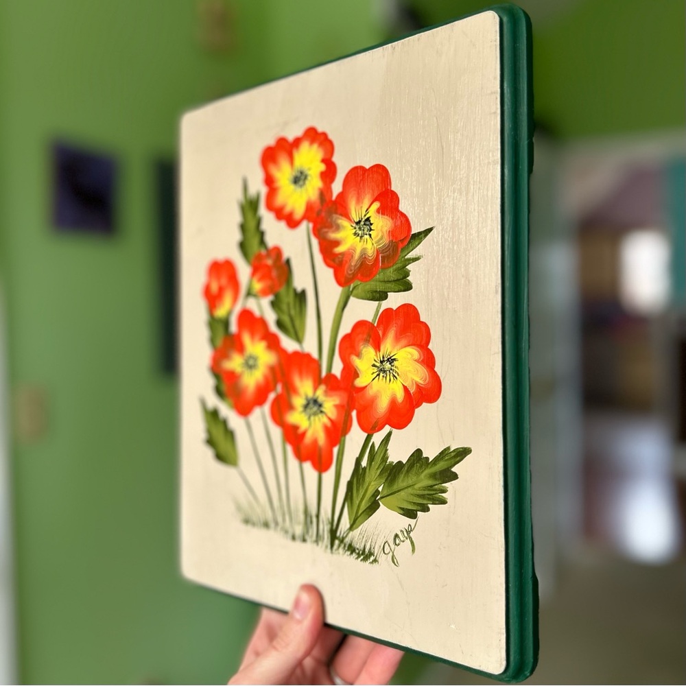 Vintage Handmade Hand Painted Red & Yellow Flowers on Wood Cottagecore Art - Picture 2 of 6